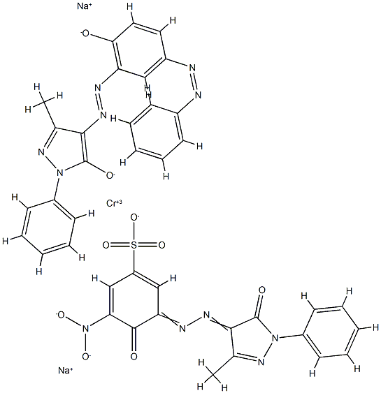 Chromate(2-), [2,4-dihydro-4-[[2-hydroxy-5-(phenylazo)phenyl]azo]-5-methyl-2-phenyl-3H-pyrazol-3-onato(2-)][3-[(4,5-dihydro-3-methyl-5-oxo-1-phenyl-1H-pyrazol-4-yl)azo]-4-hydroxy-5-nitrobenzenesulfonato(3-)]-, disodium 구조식 이미지