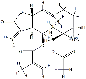 2-Methylpropenoic acid [(1aR,4E,5aR,8aR,9R,10aS)-10a-acetoxymethyl-1a,2,3,5a,7,8,8a,9,10,10a-decahydro-4-methyl-8-methylene-7-oxooxireno[5,6]cyclodeca[1,2-b]furan-9-yl] ester 구조식 이미지