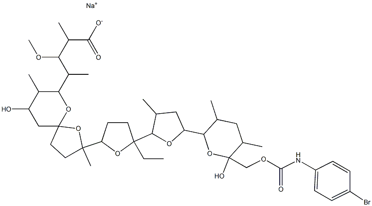 sodium 4-[2-[5-[5-[6-[(4-bromophenyl)carbamoyloxymethyl]-6-hydroxy-3,5 -dimethyl-oxan-2-yl]-3-methyl-oxolan-2-yl]-5-ethyl-oxolan-2-yl]-9-hydr oxy-2,8-dimethyl-1,6-dioxaspiro[4.5]dec-7-yl]-3-methoxy-2-methyl-penta noate 구조식 이미지