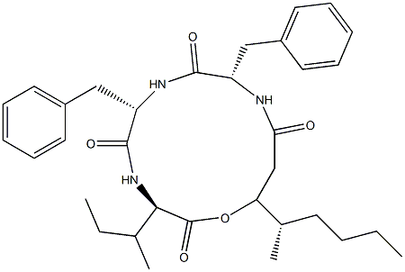 N-[N-[N-(3-하이드록시-4-메틸-1-옥소옥틸)-L-페닐알라닐]-L-페닐알라닐]-D-알로이소류신λ-락톤 구조식 이미지