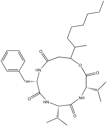 N-[N-[N-(3-하이드록시-4-메틸-1-옥소데실)-L-페닐알라닐]-L-발릴]-L-발린λ-락톤 구조식 이미지