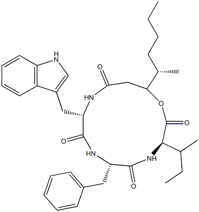 N-[N-[N-(3-히드록시-4-메틸-1-옥소옥틸)-L-트립토필]-L-페닐알라닐]-D-알로이소류신λ-락톤 구조식 이미지