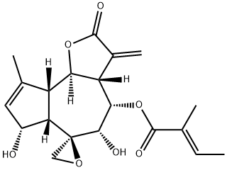 (E)-2-Methyl-2-butenoic acid [(3aS,6R)-2,3,3a,4,5,6,6aβ,7,9aβ,9bα-decahydro-5β,7α-dihydroxy-9-methyl-3-methylene-2-oxospiro[azuleno[4,5-b]furan-6,2'-oxiran]-4α-yl] ester 구조식 이미지