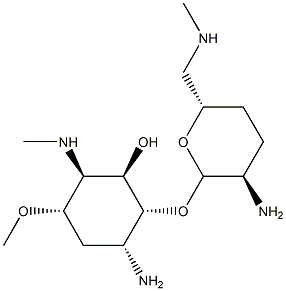 2-Amino-1-O-[2-amino-2,3,4,6-tetradeoxy-6-(methylamino)-α-D-erythro-hexopyranosyl]-2,3,5-trideoxy-4-O-methyl-5-(methylamino)-D-allo-inositol 구조식 이미지