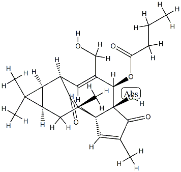 Butyric acid (1aR)-1aα,2β,5,5a,6,9,10,10aα-octahydro-5aβ-hydroxy-4-hydroxymethyl-1,1,7,9α-tetramethyl-6,11-dioxo-1H-2α,8aα-methanocyclopenta[a]cyclopropa[e]cyclodecen-5β-yl ester 구조식 이미지