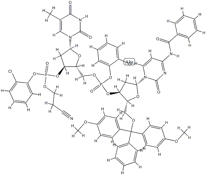 3'-Thymidylic acid, N-benzoyl-5'-O-[bis(4-methoxyphenyl)phenylmethyl]-P-(2-chlorophenyl)-2'-deoxycytidylyl-(3'->5')-, 2-chlorophenyl 2-cyanoethyl ester Structure