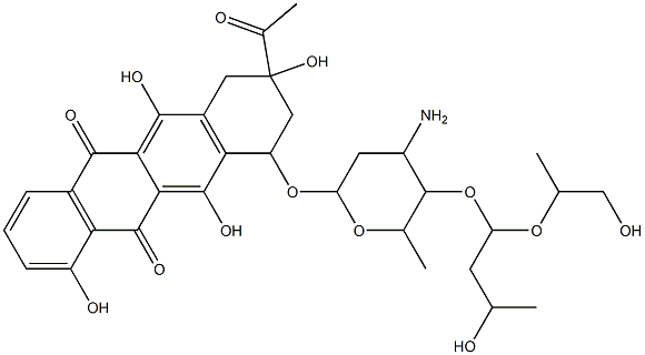 8-Acetyl-10-((3-amino-2,3,6-trideoxy-4-o-(3-hydroxy-1-(2-hydroxy-1-methylethoxy)butyl)-alpha-L-lyxo-hexopyranosyl)oxy)-7,8,9,10-tetrahydro-1,6,8,11-tetrahydroxy-5,12-naphthacenedione Structure