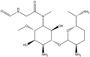 6-Amino-1-O-[(2R)-3α-amino-6β-(1-aminoethyl)tetrahydro-2H-pyran-2α-yl]-3-[[(formylamino)acetyl]methylamino]-4-O-methyl-3,6-dideoxy-L-chiro-inositol Structure