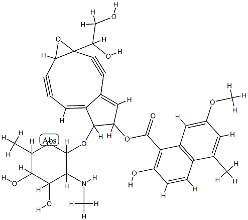 1-Naphthalenecarboxylic acid, 2-hydroxy-7-methoxy-5-methyl-, 2,3,8,9-t etradehydro-6-((2,6-dideoxy-2-(methylamino)-alpha-D-galactopyranosyl)o xy)-1a-(1,2-dihydroxyethyl)-1a,5,6,9a-tetrahydrocyclopenta(5,6)cyclono n(1,2-b)oxiren-5-yl ester Structure