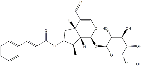 (E)-3-Phenylpropenoic acid (1S)-4-formyl-1α-(β-D-glucopyranosyloxy)-1,4aα,5,6,7,7aα-hexahydro-7α-methylcyclopenta[c]pyran-6α-yl ester 구조식 이미지