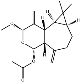 (2S,4aα,7aβ,8aβ,8bα)-Decahydro-2β-methoxy-8,8-dimethyl-1,5-bis(methylene)-2H-cyclopropa[3,4]cyclohepta[1,2-c]pyran-4α-ol acetate 구조식 이미지