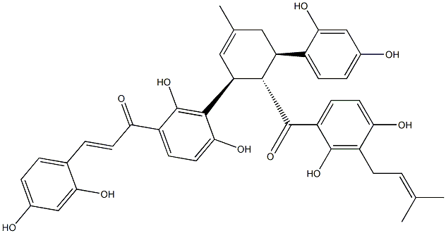 2-Propen-1-one, 1-(3-((1S,5R,6S)-6-(2,4-dihydroxy-3-(3-methyl-2-buteny l)benzoyl)-5-(2,4-dihydroxyphenyl)-3-methyl-2-cyclohexen-1-yl)-2,4-dih ydroxyphenyl)-3-(2,4-dihydroxyphenyl)-, (2E)- Structure