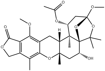 (1R)-1α-Acetyloxy-1,2,3,6,7,7a,10,14,14aβ,14b-decahydro-6α-hydroxy-3,13-dimethoxy-5,5,7aβ,9,14bα-pentamethyl-12H-3β,5aβ-epoxy-5H-furo[3,4-i]oxepino[4,3-a]xanthen-12-one 구조식 이미지