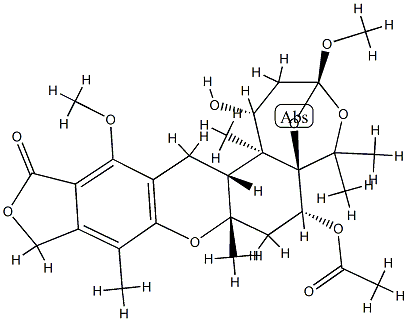 (1R)-6α-Acetyloxy-1,2,3,6,7,7a,10,14,14aβ,14b-decahydro-1α-hydroxy-3,13-dimethoxy-5,5,7aβ,9,14bα-pentamethyl-12H-3β,5aβ-epoxy-5H-furo[3,4-i]oxepino[4,3-a]xanthen-12-one 구조식 이미지