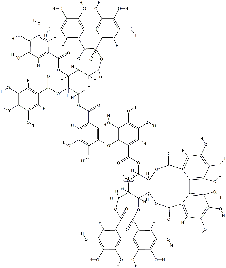 See R-D-Glucopyranose,cyclic 2,3:4,6-bis[(1S)-4,4',5,5',6,6'-hexahydroxy[1,1'- biphenyl]-2,2'-dicarboxylate] 1-[2-[5-[[[4,6-O-[[(1S)-4,4',5,5',6,6'- hexahydroxy[1,1'-biphenyl]-2,2'-diyl]- dicarbonyl]-2,3-bis-O-(3,4,5-trihydroxybenzoyl)- a-D-glucopyranosyl]oxy]carbonyl]-2,- 3-dihydroxyphenoxy]-3,4,5-trihydroxybenzoate] Structure