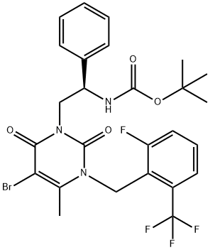 Carbamic acid, N-[(1R)-2-[5-bromo-3-[[2-fluoro-6-(trifluoromethyl)phenyl]methyl]-3,6-dihydro-4-methyl-2,6-dioxo-1(2H)-pyrimidinyl]-1-phenylethyl]-, 1,1-dimethylethyl ester 구조식 이미지