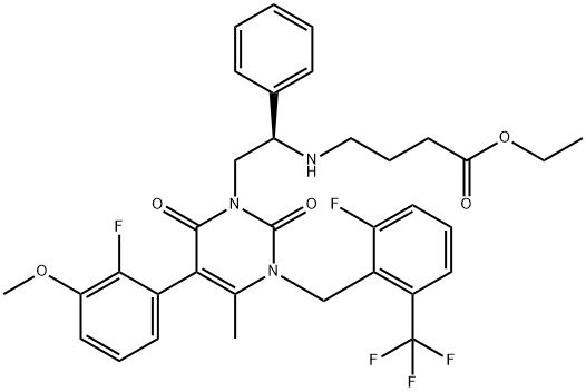 4-[[(1R)-2-[5-(2-fluoro-3-methoxyphenyl)-3-[[2-fluoro-6-(trifluoromethyl)phenyl]methyl]-3,6-dihydro-4-methyl-2,6-dioxo-1(2H)-pyrimidinyl]-1-phenylethyl]amino]-, ethyl ester 구조식 이미지