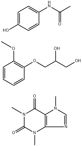 N-(4-hydroxyphenyl)acetamide, 3-(2-methoxyphenoxy)propane-1,2-diol, 1, 3,7-trimethylpurine-2,6-dione 구조식 이미지