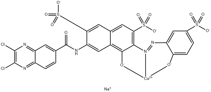 trisodium [6-[[(2,3-dichloroquinoxalin-6-yl)carbonyl]amino]-4-hydroxy-3-[(2-hydroxy-5-sulphophenyl)azo]naphthalene-2,7-disulphonato(5-)]cuprate(3-) Structure