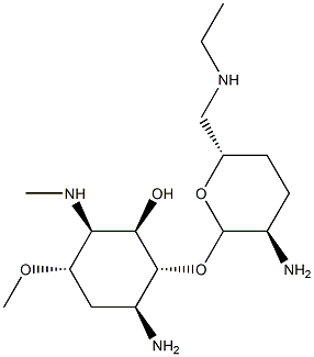 4-Amino-3-O-[2-amino-2,3,4,6-tetradeoxy-6-(ethylamino)-α-D-erythro-hexopyranosyl]-1,4,5-trideoxy-6-O-methyl-1-(methylamino)-L-chiro-inositol 구조식 이미지