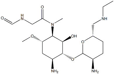 4-Amino-3-O-[2-amino-2,3,4,6-tetradeoxy-6-(ethylamino)-α-D-erythro-hexopyranosyl]-1,4,5-trideoxy-1-[[(formylamino)acetyl]methylamino]-6-O-methyl-L-chiro-inositol 구조식 이미지