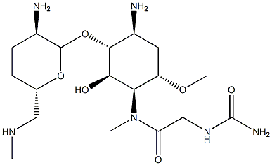 4-Amino-1-[[[(aminocarbonyl)amino]acetyl]methylamino]-3-O-[2-amino-2,3,4,6-tetradeoxy-6-(methylamino)-α-D-erythro-hexopyranosyl]-1,4,5-trideoxy-6-O-methyl-L-chiro-inositol 구조식 이미지