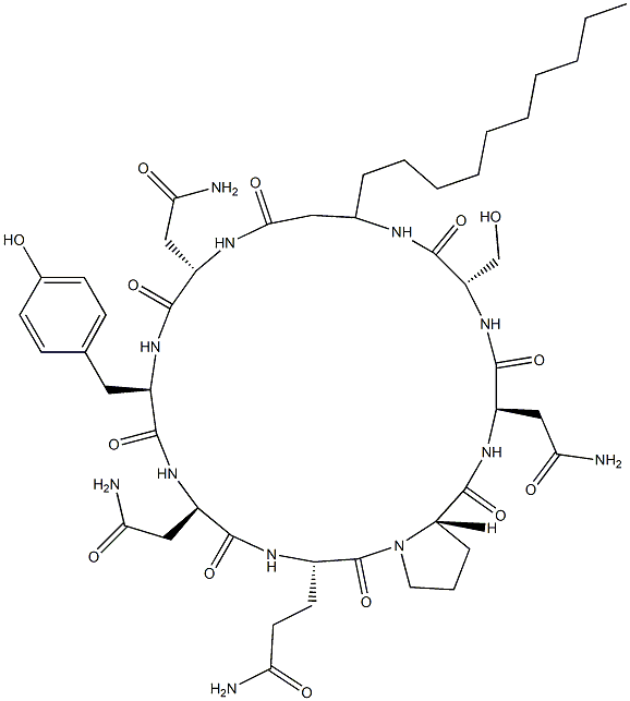 Cyclo[D-Tyr-D-Asp(NH2)-L-Glu(NH2)-L-Pro-D-Asp(NH2)-L-Ser-3-decyl-βAla-L-Asp(NH2)-] 구조식 이미지