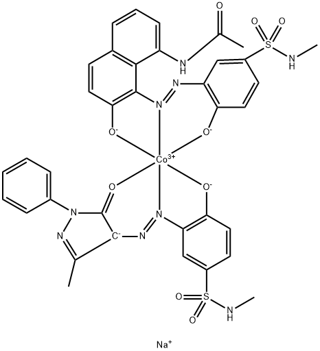 Cobaltate(1-), [3-[(4,5-dihydro-3-methyl-5-oxo-1-phenyl-1H-pyrazol-4-yl)azo]-4-hydroxy-N-methylbenzenesulfonamidato(2-)][N-[7-hydroxy-8-[[2-hydroxy-5-[(methylamino)sulfonyl]phenyl]azo]-1-naphthalenyl]acetamidato(2-)]-, sodium Structure