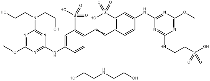 Benzenesulfonic acid, 5-[[4-[bis(2-hydroxyethyl)amino]-6-methoxy-1,3,5-triazin-2-yl]amino]-2-[2-[4-[[4-methoxy-6-[(2-sulfoethyl)amino]-1,3,5-triazin-2-yl]amino]-2-sulfophenyl]ethenyl]-, sodium salt, compd. with 2,2'-iminobis[ethanol] Structure