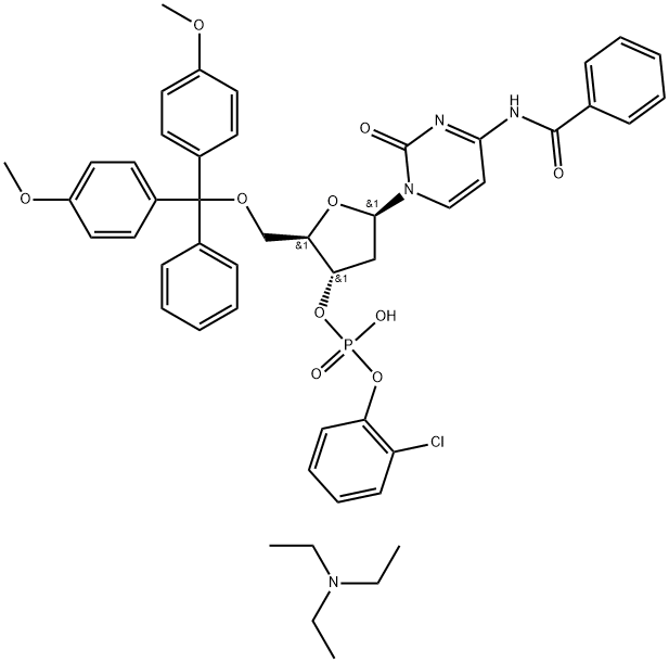 3'-Cytidylic acid, N-benzoyl-5'-O-[bis(4-methoxyphenyl)phenylmethyl]-2'-deoxy-, mono(2-chlorophenyl) ester, compd. with N,N-diethylethanamine (1:1) Structure