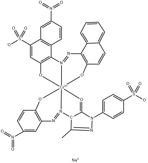 Chromate(3-), [4-[4,5-dihydro-4-[(2-hydroxy-5-nitrophenyl)azo]-3-methyl-5-oxo-1H-pyrazol-1-yl]benzenesulfonato(3-)][3-hydroxy-4-[(2-hydroxy-1-naphthalenyl)azo]-7-nitro-1-naphthalenesulfonato(3-)]-, trisodium 구조식 이미지