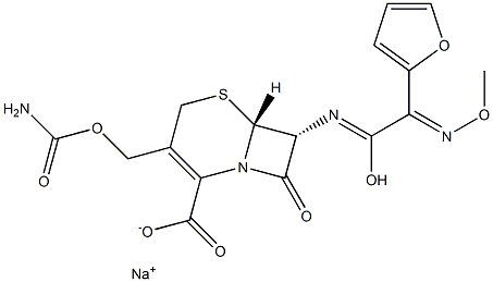 (6R,7R)-3-(Carbamoyloxymethyl)-7α-[[2-(2-furyl)-2-methoxyiminoacetyl]amino]-8-oxo-5-thia-1-azabicyclo[4.2.0]oct-2-ene-2-carboxylic acid sodium salt 구조식 이미지