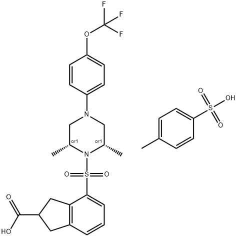 1H-Indene-2-carboxylic acid, 4-[[(2R,6S)-2,6-dimethyl-4-[4-(trifluoromethoxy)phenyl]-1-piperazinyl]sulfonyl]-2,3-dihydro-, rel-, 4-methylbenzenesulfonate (1:1) Structure
