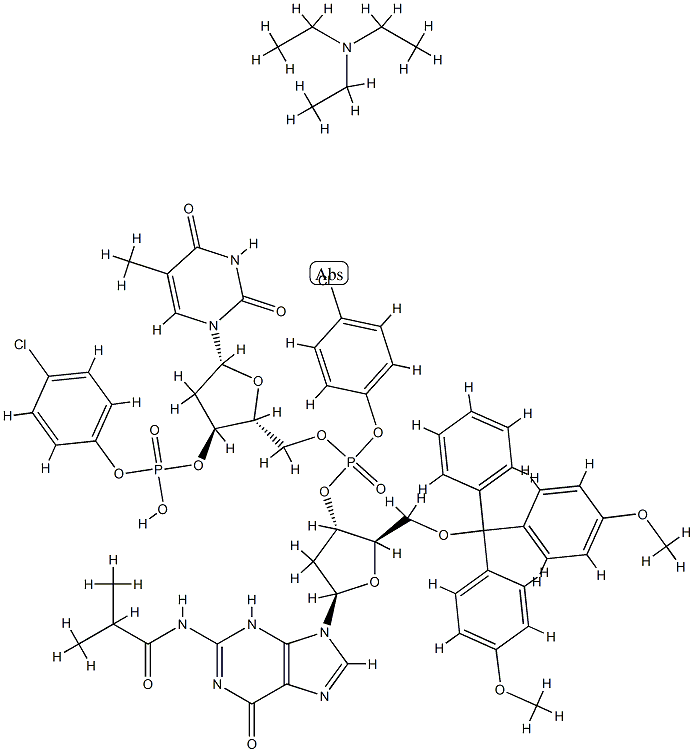 3'-Thymidylic acid, 5'-O-[bis(4-methoxyphenyl)phenylmethyl]-P-(4-chlorophenyl)-2'-deoxy-N-(2-methyl-1-oxopropyl)guanylyl-(3'->5')-, mono(4-chlorophenyl)ester, compd. with N,N-diethylethanamine (1:1) Structure