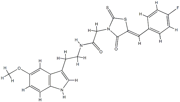 2-[(5Z)-5-[(4-fluorophenyl)methylidene]-4-oxo-2-sulfanylidene-1,3-thiazolidin-3-yl]-N-[2-(5-methoxy-1H-indol-3-yl)ethyl]acetamide 구조식 이미지