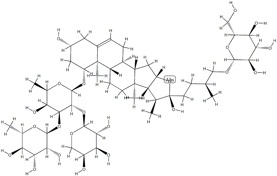 (1beta,3beta,22alpha,25S)-26-(beta-D-Glucopyranosyloxy)-3,22-dihydroxyfurost-5-en-1-yl O-alpha-L-arabinopyranosyl-(1-2)-O-[6-deoxy-alpha-L-mannopyranosyl-(1-3)]-6-deoxy-beta-D-Galactopyranoside 구조식 이미지