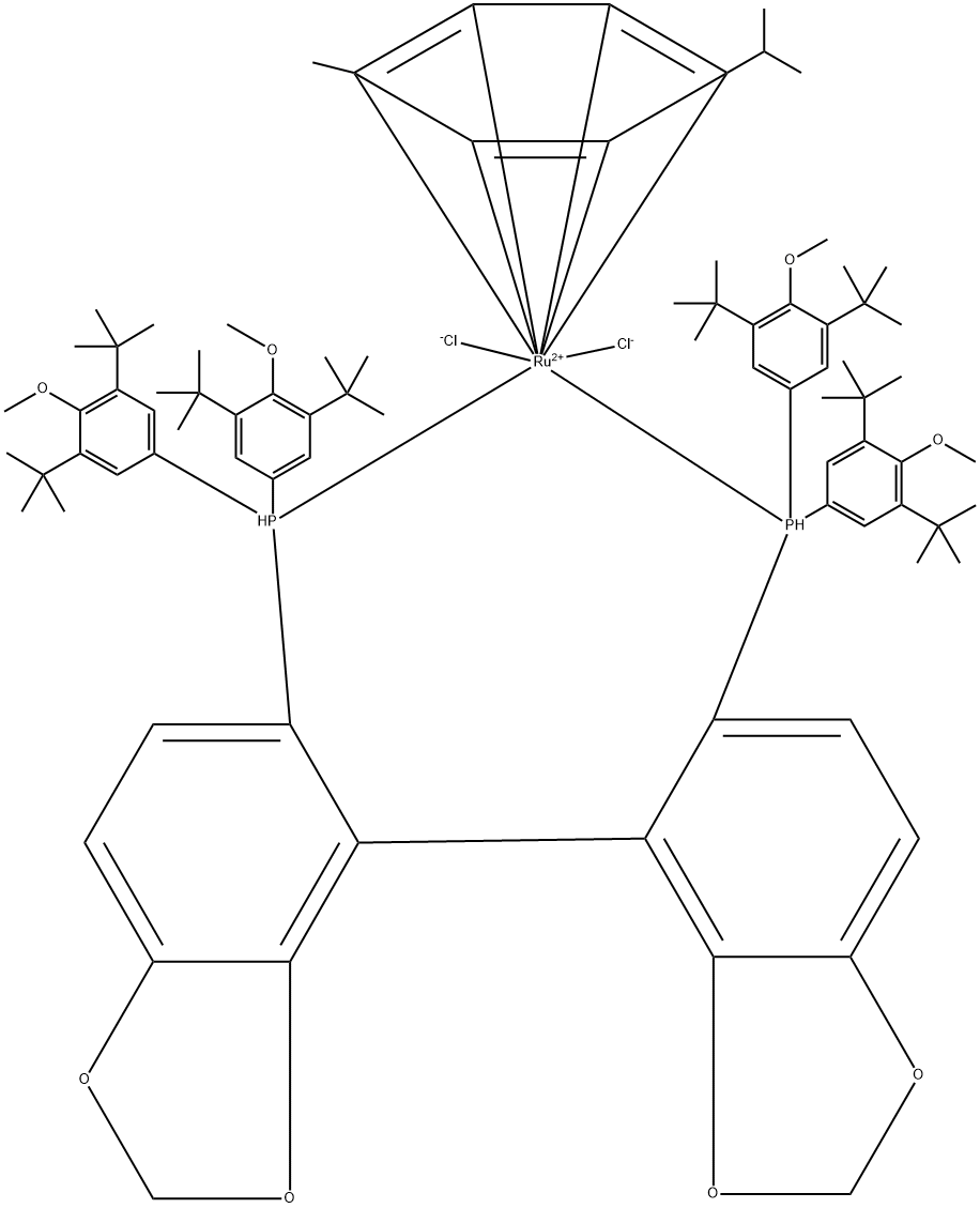 Chloro{(S)-(+)-5,5'-bis[di(3,5-di-t-butyl-4-methoxyphenyl)phosphino]-4,4'-bi-1,3-benzodioxole}(p-cymene)ruthenium(II)chloride[RuCl(p-cymene) ((S)-dtbm-segphos)]Cl　 구조식 이미지