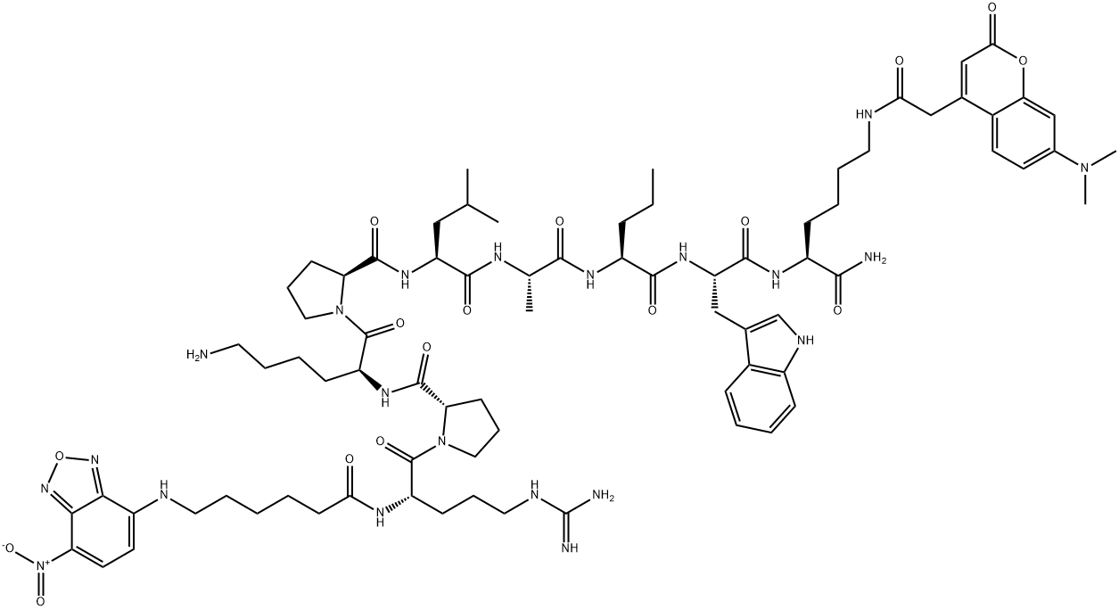 6-(7-Nitro-benzo[2,1,3]oxadiazol-4-ylamino)-hexanoyl-Arg-Pro-Lys-Pro-Leu-Ala-Nva-Trp-Lys(7-dimethylaminocoumarin-4-yl)-NH2 구조식 이미지