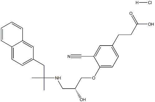 Benzenepropanoic acid, 3-cyano-4-[(2R)-3-[[1,1-diMethyl-2-(2-naphthalenyl)ethyl]aMino]-2-hydroxypropoxy]-, (Hydrochloride) (1:1) 구조식 이미지