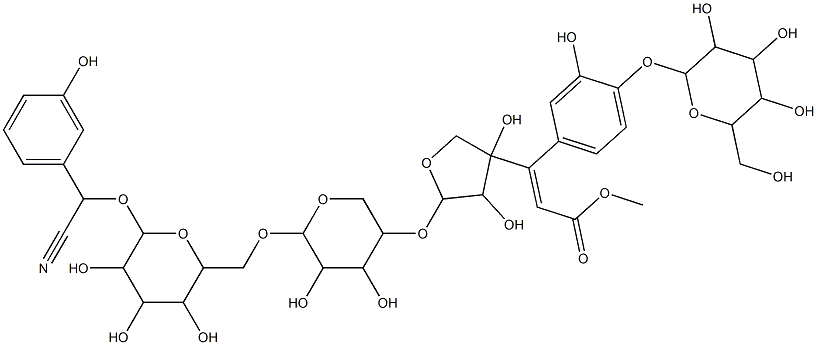 Benzeneacetonitrile, a-[[O-5-O-[(2E)-3-[4-(b-D-glucopyranosyloxy)-3-hydroxyphenyl]-1-oxo-2-propenyl]-D-apio-b-D-furanosyl-(1(R)4)-O-b-D-xylopyranosyl-(1(R)6)-b-D-glucopyranosyl]oxy]-3-hydroxy-, (aS)- (9CI) 구조식 이미지