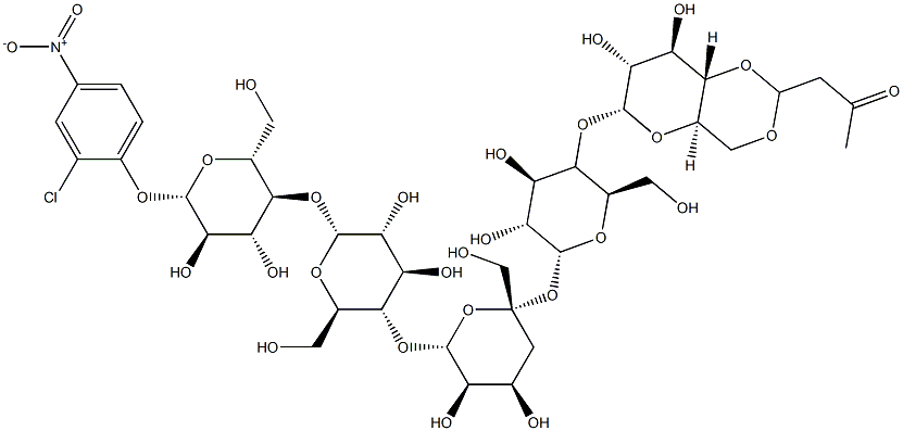 2-Chloro-4-nitrophenyl O-4,6-O-(3-oxobutylidene)-alpha-D-glucopyranosy l-(1-4)-O-alpha-D-glucopyranosyl-(1-4)-O-alpha-D-glucopyranosyl-(1-4)- O-alpha-D-glucopyranosyl-(1-4)-beta-D-glucopyranoside 구조식 이미지