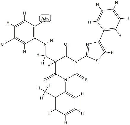 5-[[(2,5-dichlorophenyl)amino]methyl]-1-(2-methylphenyl)-3-(4-phenyl-1 ,3-thiazol-2-yl)-2-sulfanylidene-1,3-diazinane-4,6-dione 구조식 이미지