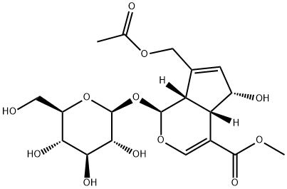 (1S)-1α-(β-D-Glucopyranosyloxy)-5β-hydroxy-7-(acetoxymethyl)-1,4aα,5,7aα-tetrahydrocyclopenta[c]pyran-4-carboxylic acid methyl ester 구조식 이미지