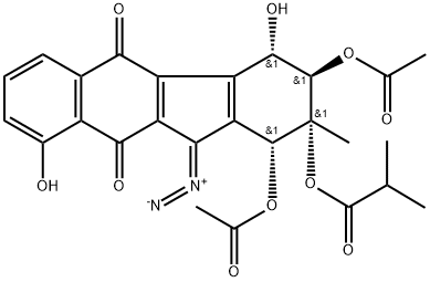 Propanoic acid,2-methyl-,1,3-bis(acetyloxy)-11-diazo-2,3,4,5,10,11-hexahydro-4,9-dihydroxy-2-methyl-5,11-dioxo-1H-benzo[b]fluoren-2-ylester, [1R-(1a,2a,3b,4a)]- (9CI) 구조식 이미지