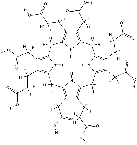 3,8,13,18-tetrakis(carboxymethyl)-5,10,15,20,22,24-hexahydro 21H,23H-Porphine-2,7,12,17-tetrapropanoic acid 구조식 이미지