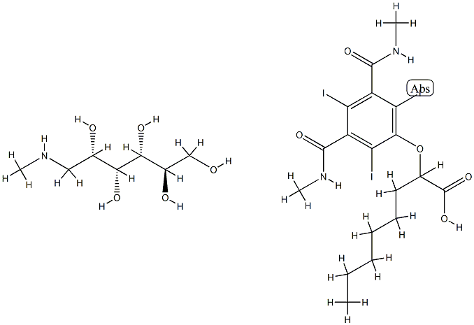 (2R,3R,4R,5S)-6-methylaminohexane-1,2,3,4,5-pentol, 2-[2,4,6-triiodo-3 ,5-bis(methylcarbamoyl)phenoxy]octanoic acid 구조식 이미지