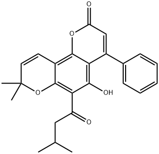 5-Hydroxy-6-(3-methylbutyryl)-4-phenyl-8,8-dimethyl-2H,8H-benzo[1,2-b:3,4-b']dipyran-2-one 구조식 이미지