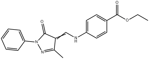 Ethyl=4-[[(3-methyl-5-oxo-1-phenyl-2-pyrazolin-4-ylidene)methyl]amino]benzoate 구조식 이미지