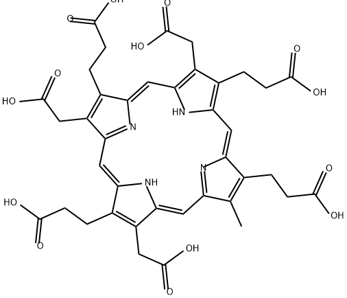 3,8,13-tris(carboxymethyl)-17-methyl-21H,23H-Porphine-2,7,12,18-tetrapropanoic acid 구조식 이미지