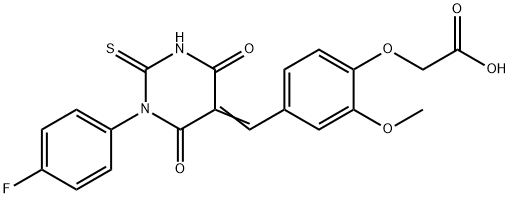 2-[4-[(E)-[1-(4-fluorophenyl)-4,6-dioxo-2-sulfanylidene-1,3-diazinan-5-ylidene]methyl]-2-methoxyphenoxy]acetic acid 구조식 이미지